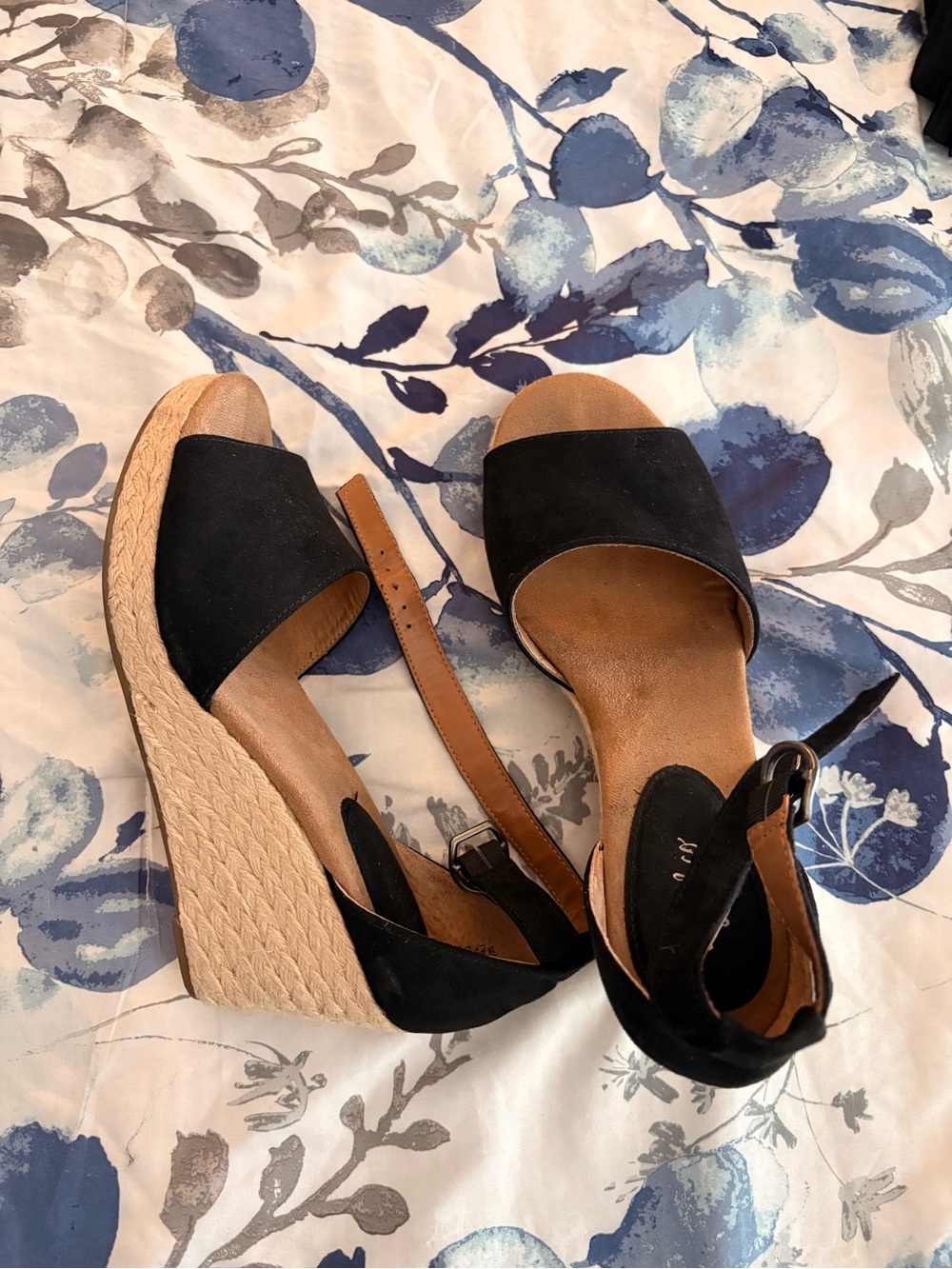 Women’s Black Suede Wedge Sandals with Tan Espadrille Heel